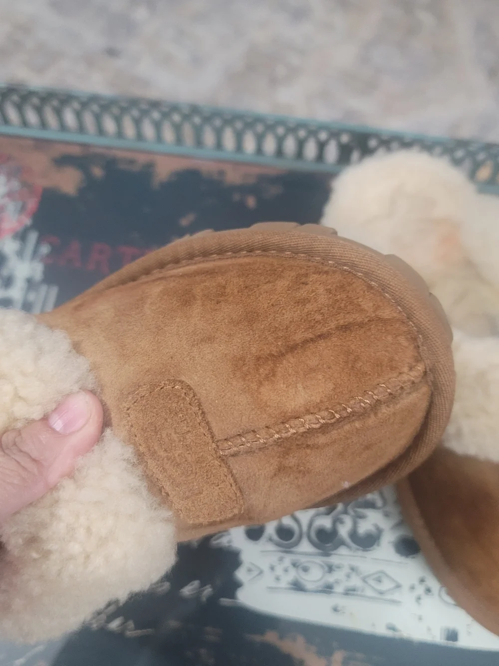 UGG Womans Chestnut Suede Slippers with Cream Shearling Cuff